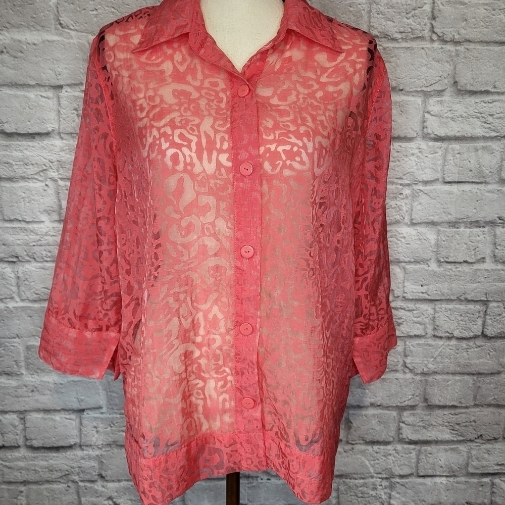 Hearts of Palm pink coral sheer burnout fabric button front 3/4 sleeve top sz 12 - Picture 3 of 8